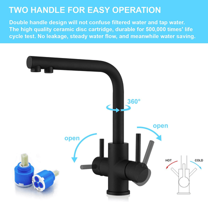 CREA 3 Way Kitchen Taps, 3 Way Kitchen Tap with Water Filter Way, 360° Swivel Triflow Kitchen Tap, 3 Way Tap with 2 Lever, Kitchen Sink Mixer Tap, Matte Black