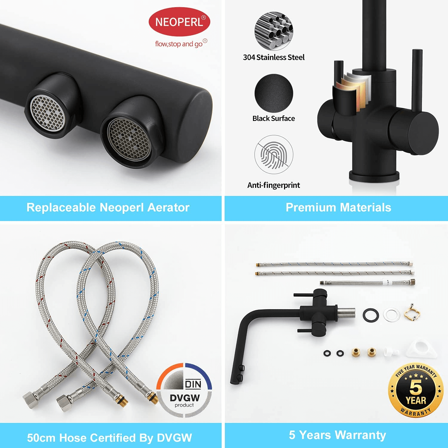 CREA 3 Way Kitchen Taps, 3 Way Kitchen Tap with Water Filter Way, 360° Swivel Triflow Kitchen Tap, 3 Way Tap with 2 Lever, Kitchen Sink Mixer Tap, Matte Black