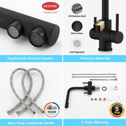 CREA 3 Way Kitchen Taps, 3 Way Kitchen Tap with Water Filter Way, 360° Swivel Triflow Kitchen Tap, 3 Way Tap with 2 Lever, Kitchen Sink Mixer Tap, Matte Black