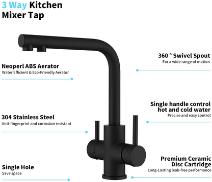 CREA 3 Way Kitchen Taps, 3 Way Kitchen Tap with Water Filter Way, 360° Swivel Triflow Kitchen Tap, 3 Way Tap with 2 Lever, Kitchen Sink Mixer Tap, Matte Black