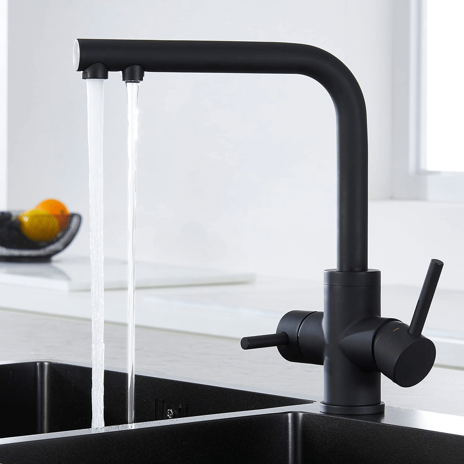 CREA 3 Way Kitchen Taps, 3 Way Kitchen Tap with Water Filter Way, 360° Swivel Triflow Kitchen Tap, 3 Way Tap with 2 Lever, Kitchen Sink Mixer Tap, Matte Black
