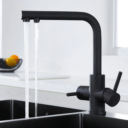 CREA 3 Way Kitchen Taps, 3 Way Kitchen Tap with Water Filter Way, 360° Swivel Triflow Kitchen Tap, 3 Way Tap with 2 Lever, Kitchen Sink Mixer Tap, Matte Black
