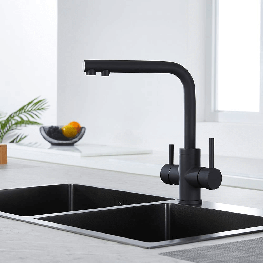 CREA 3 Way Kitchen Taps, 3 Way Kitchen Tap with Water Filter Way, 360° Swivel Triflow Kitchen Tap, 3 Way Tap with 2 Lever, Kitchen Sink Mixer Tap, Matte Black