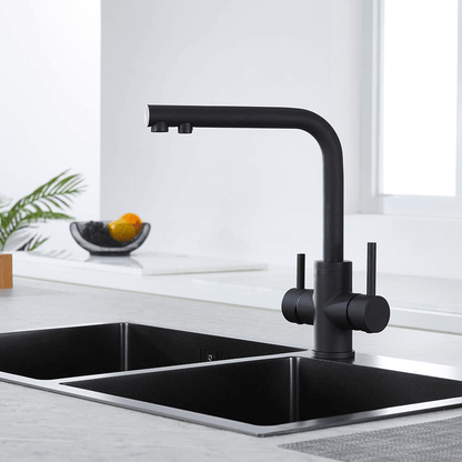 CREA 3 Way Kitchen Taps, 3 Way Kitchen Tap with Water Filter Way, 360° Swivel Triflow Kitchen Tap, 3 Way Tap with 2 Lever, Kitchen Sink Mixer Tap, Matte Black